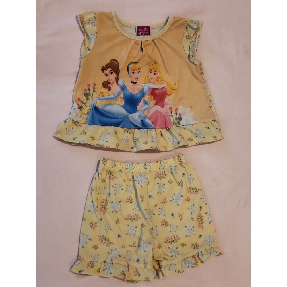 Vintage Y2K Disney Princess Yellow Pajama Short Set 18 Months Ruffle Floral Top